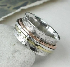 Solid 925 Silver Three Tone Spinner Ring Handmade Thumb Band Ring All Size SR369