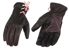 Ladies Black Leather Riding Gloves PINK LACED Wrist Driving Biker Motorcycle