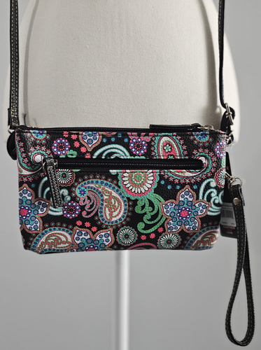 NUEVO CON ETIQUETAS BANDOLERA CONVERTIBLE STONE MOUNTAIN trifecta negra CRAZY PAISLEY cuero bond - Imagen 2 de 8