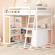 Full Size Loft Bed Wooden Frame with Desk & Bookshelf & Ladder For Bedroom White