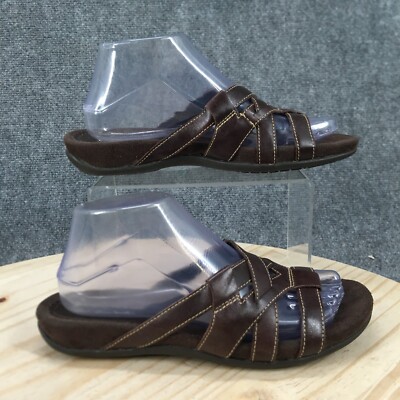 Thom McAn Sandals Womens 8 Slide Slip On  Straps Comfort Flats Brown Leather