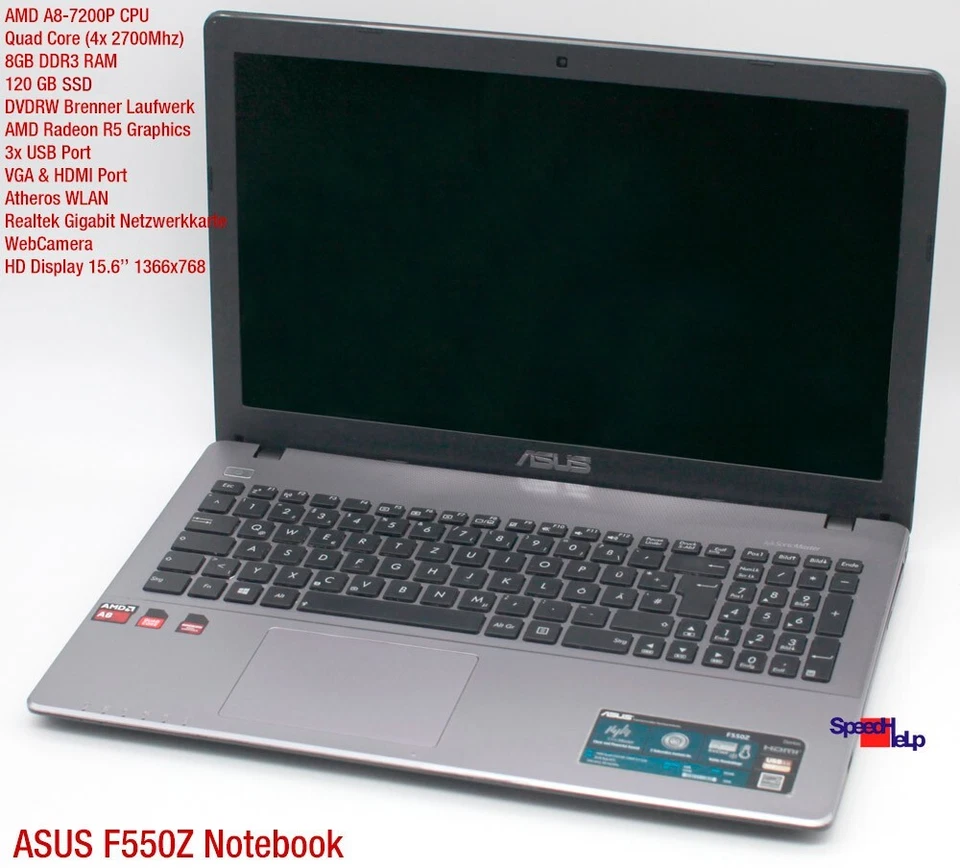 Notebook Asus F550ZE F550Z AMD A8-7200P Laptop AMD Radeon R5 DVDRW 8GB 120GB SSD - Immagine 2 di 4