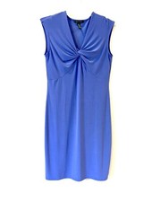 RALPH LAUREN SATIN SLEEVELESS COCKTAIL DRESS M BLUE RUCHED V NECK SLINKY PARTY
