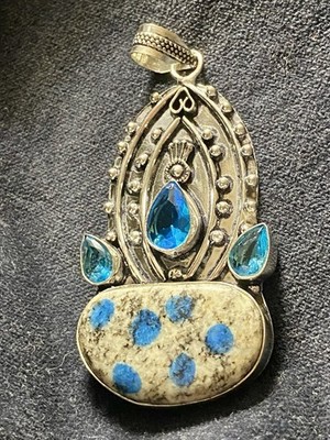 Rare K2 Stone/Blue Topaz Gemstone Ethnic Handmade Pendant 2.8'' Stunning Pendant!