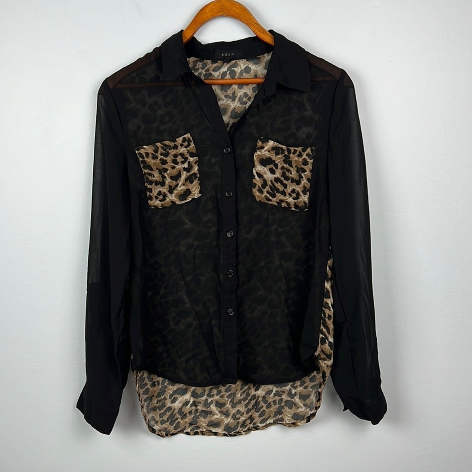 Edge small leopard print sheer button down front … - image 2