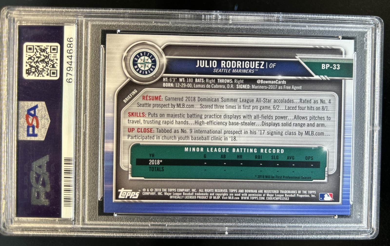 2019 Bowman Julio Rodriguez Prospects Camo #BP-33 PSA 10 GEM MINT view 2