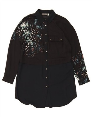 Neuwertiges Samt Damen Shirtkleid UK 8 Small schwarz Blumen Polyester DH49