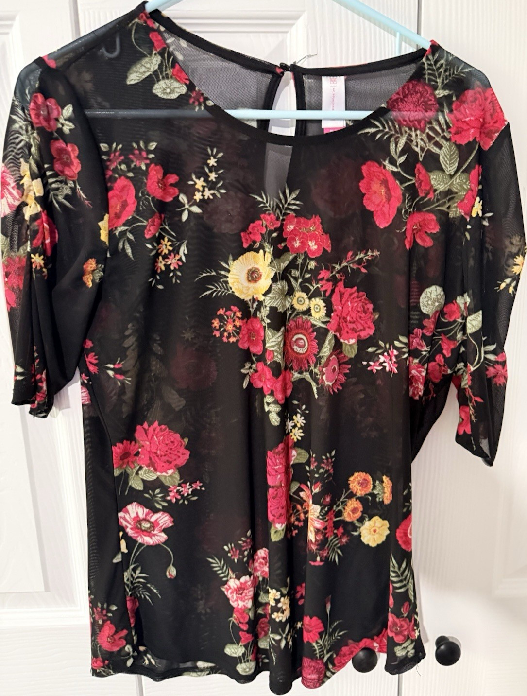 No Boundaries Floral Mesh Sheer Blouse Black Multi Juniors XL (15-17)