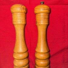 Vintage Wood Salt Shaker  Pepper Grinder Set   Turned Wood w/ Metal Base