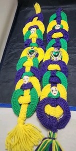 Vintage Mardi Gras Jester Wall Hangings Pair Purple Green Gold Yarn Tassel Decor