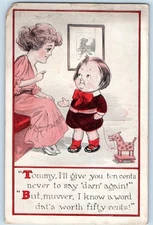 c1910's Mother Giving Ten Cents To Little Boy With Horse Toy Antique Postcard