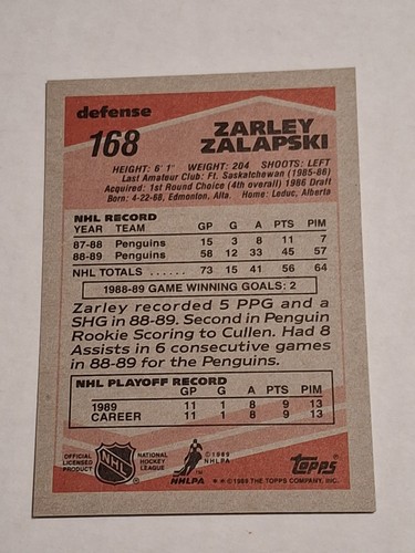 1989-90 ZARLEY ZALAPSKI TOPPS NHL HOCKEY CARD #168 PITTSBURGH PENGUINS CANADA - Picture 2 of 2
