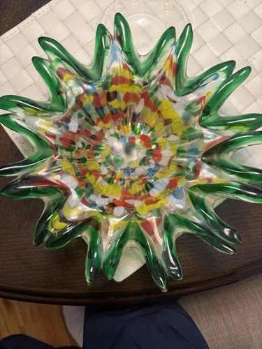 Vintage Murano Style Millefiori Art Glass Bowl Starburst Green Rim