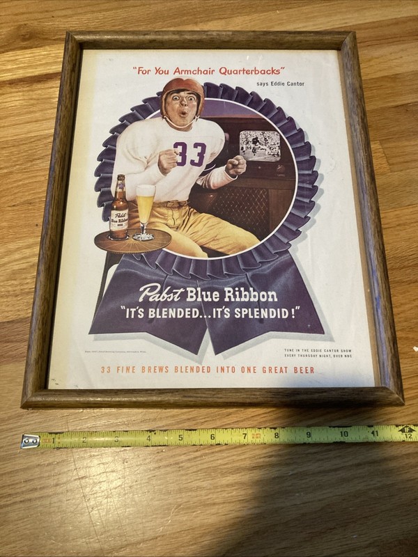 1947 Framed PBR Pabst Blue Ribbon Print Ad “for You Armchair Quarterback” Cantor