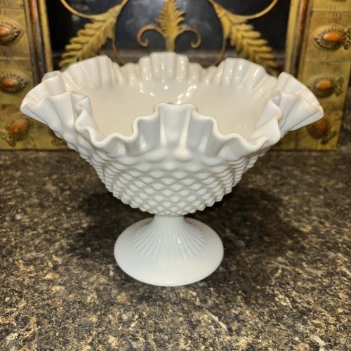 VTG MCM Fenton Hobnail White Milk Glass Bowl Candy Dish Bowl Footed Pedestal EUC