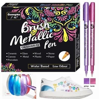 12-Color Metallic Brush Marker Pens GN.550BR   Permanent 0.39 in Tip for Rock