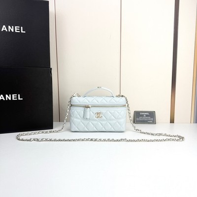 Women's Light Blue Quilted Caviar Leather Vanity Bag with Silver Chain