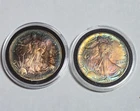 Lot Two 1 oz ASE Silver Eagles .999 Silver Coins Bullion Rainbow Tone 2 OZ TOTAL