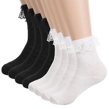 4Pairs Womens Frilly Socks, Comfortable Ankle Lace Socks, White and Black