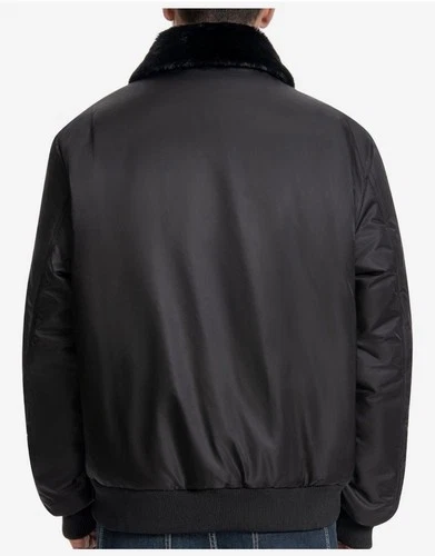 Alpine Swiss James Mens Small Bomber Flight Jacket Black Faux Fur Collar NWT image 4