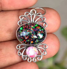 20Ct Schwarz Feuer Opal Handgemacht 925 Sterling Silber Anhänger Zertifiziert