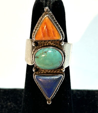 Southwestern Sterling Silver 925 Turquoise Lapis Lazuli Spiny Oyster Ring Sz 8
