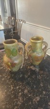Vintage Pair Green Pottery Art Vases, Leaf Design, Rope Handles, Amphora Shape