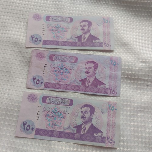 3 X 250 IRAQI DINAR NOTES. SADDAM HUSSEIN MONEY 2002 IRAQ CIRCULATED