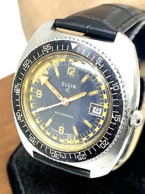 Elgin Mens Watch Diver Swiss Automatic Vintage Black Dial Date