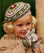 Knitting Pattern Girls Child's Fair Isle Beret Hat & Gloves.