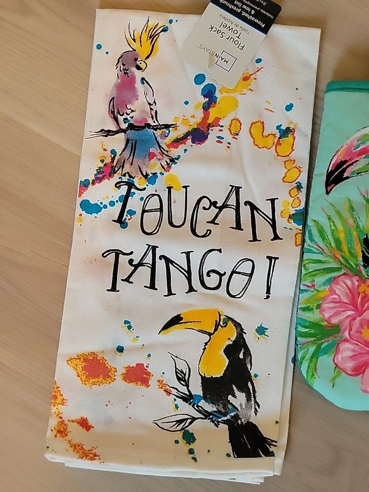 全新带标签 Mainstays TOUCAN TANGO 面粉袋毛巾 + 主流国际烤箱手套 — 第 2/4 张图片
