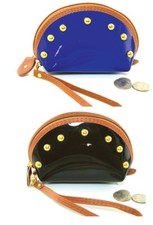 NEW BLACK,BLUE WITH GOLD STUDS SHINY VINYL COIN PURSE,WRISTLET,POUCH