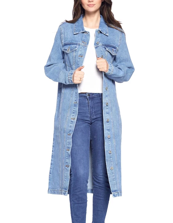 Abrigo informal largo de gran tamaño de algodón de mezclilla con botones para mujer