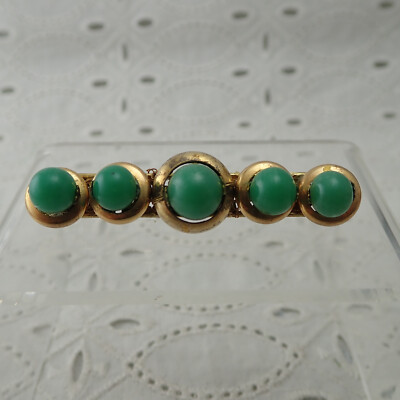 Vintage Signed Miriam Haskell Green Peking Glass Gold Tone Bar Pin Brooch