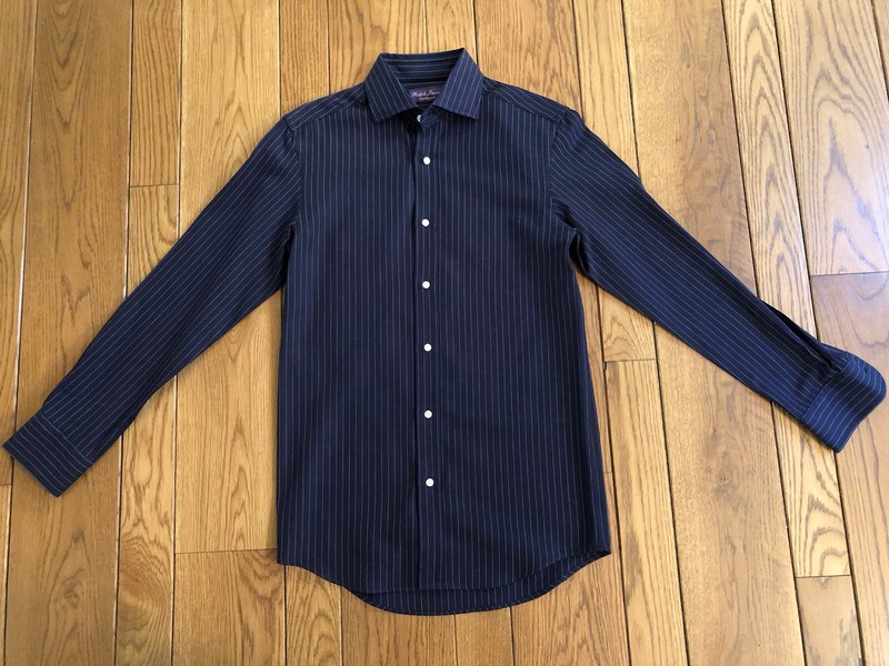 PURPLE LABEL RALPH LAUREN Navy Blue Pinstripe Dress Shirt 14.5 Made In Italy