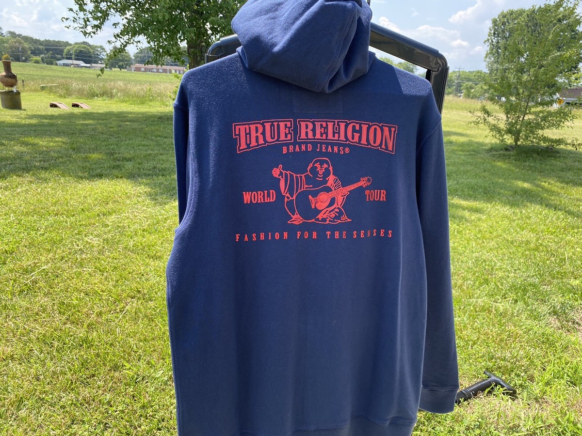 NWT MEN'S TRUE RELIGION BUDDHA RED LOGO PREMIUM ZIP UP HOODIE JACKET TRUE  NAVY M