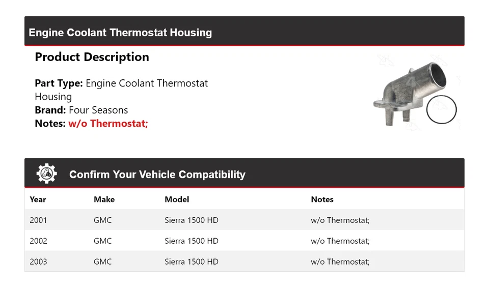 Корпус термостата охлаждающей жидкости двигателя для 2001-2003 GMC Sierra 1500 HD 4 сезона - Изображение 2 из 4
