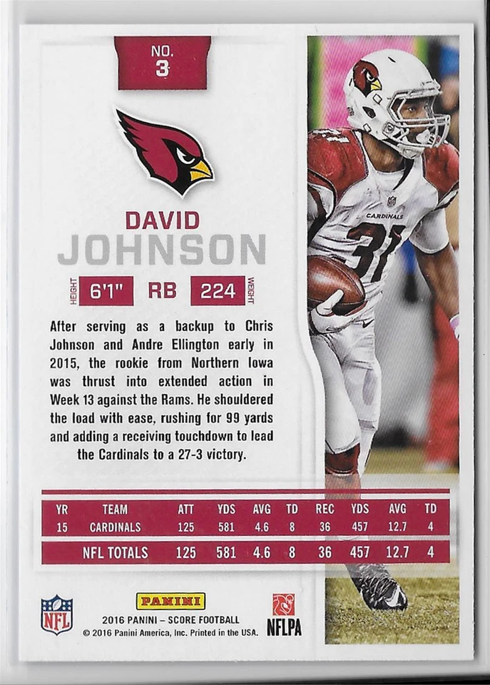 2016 Score Showcase David Johnson 3/99 Arizona Cardinals #3 Blue - Image 2 of 2