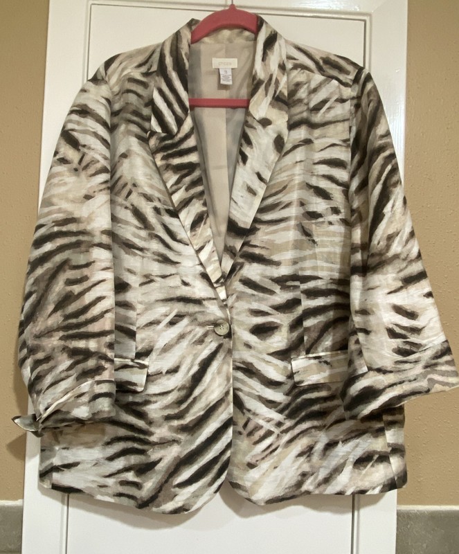 CHICO'S Brown/White/Tan Animal Print 3/4 Sleeve Linen Blend Jacket ~Size 3, XL