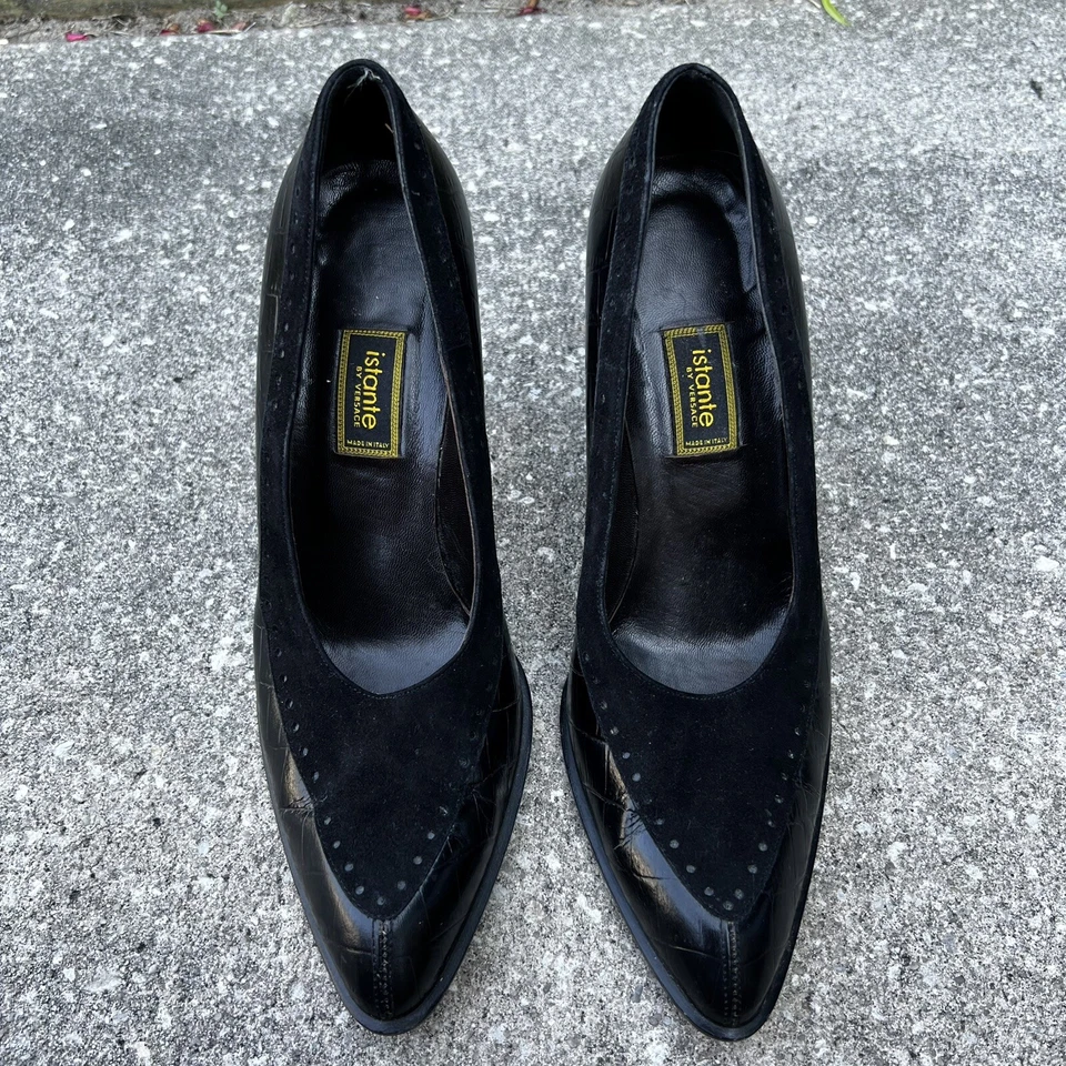 Istante VERSACE Gothic Croc Leather / Suede Vintage Pump Heels Black ~ Size 8.5 - Image 3 of 4