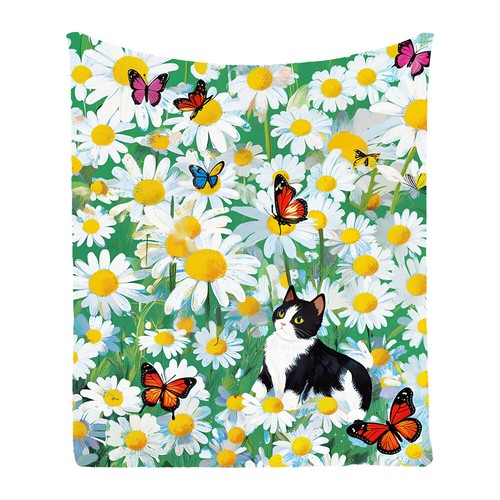 Cat Daisy Flower Butterfly Flannel Bedspread Sofa Lounge Throw Blanket Gift - Picture 8 of 22