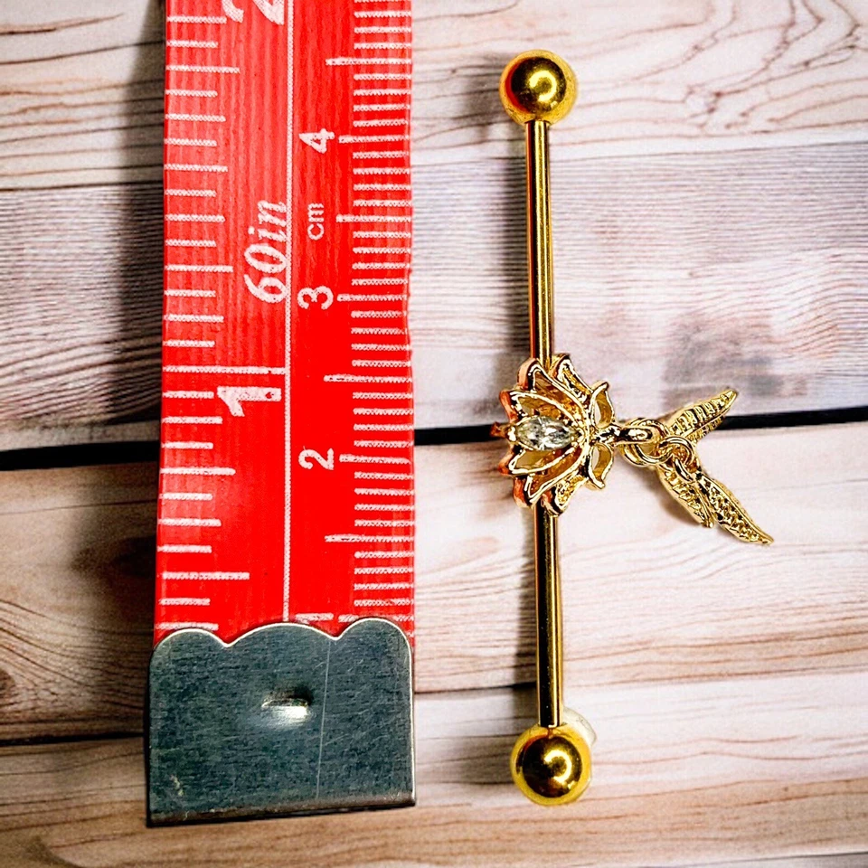 14g white cz gold silver IP lotus blossom dangle feather Industrial Bar H - Image 2 of 4