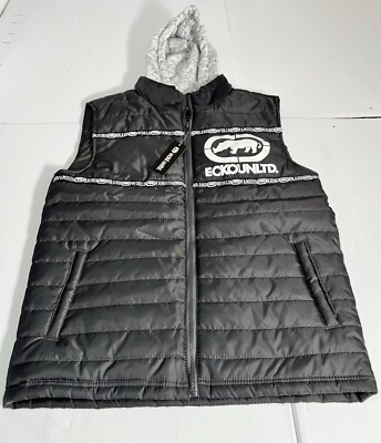 NWT! Ecko Unltd. Black Hooded Full Zip Puffer Vest Mens Sz S Logo Hip Hop NEW