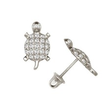 Solid 14K White Gold Turtle Studs Screw Back Earrings with CZ Stones Animal Gift