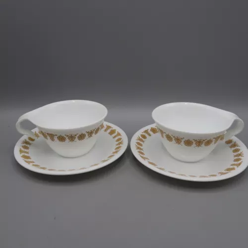 Set of 2 Vintage Corelle by Corning Butterfly Gold Coffee Tea Cups and Saucers