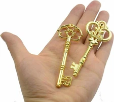2 Large Key Pendants Gold Skeleton Keys Santa Keys Christmas 3 Inches Big 