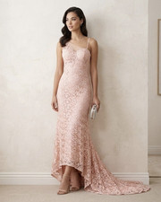 Dave  Johnny Pink Lace Hi-Low Gown 3/4 Sweetheart Neck Strappy Embroidered