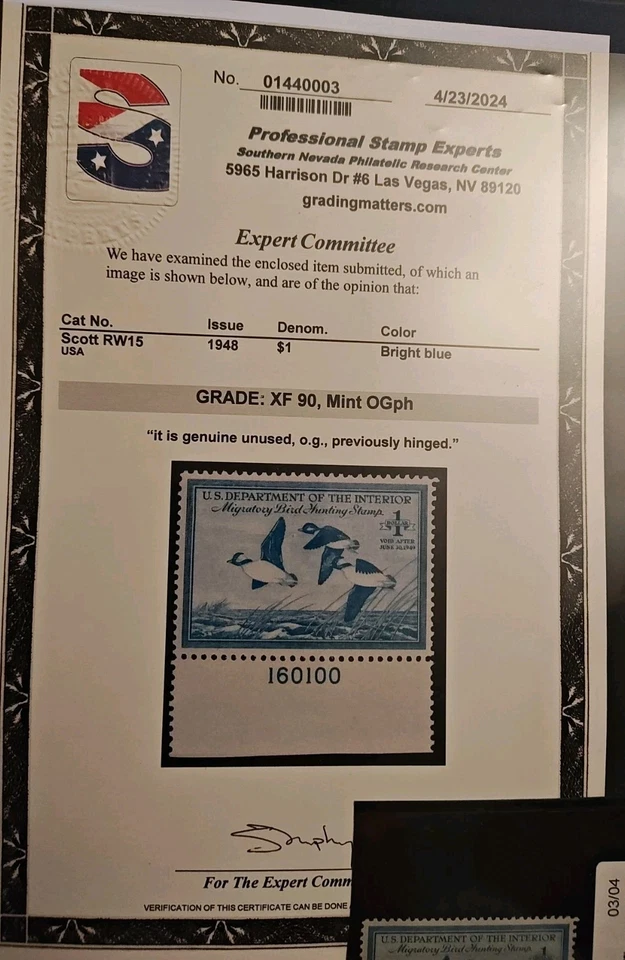 Certified PSE-RW15 - 90 — ( XF) Extremely Fine Federal duck stamp - Image 2 of 3