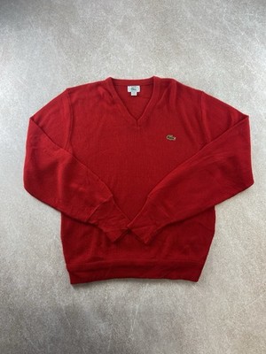 70er 80er Vintage Izod Lacoste Rot V-Neck Pullover Made in USA Orlon Acryl L