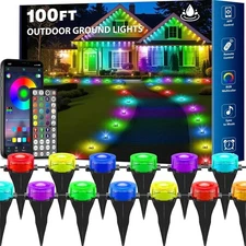 RGB Outdoor Ground Lights, 100Ft Color Changing Pathway Lights with Remote & App